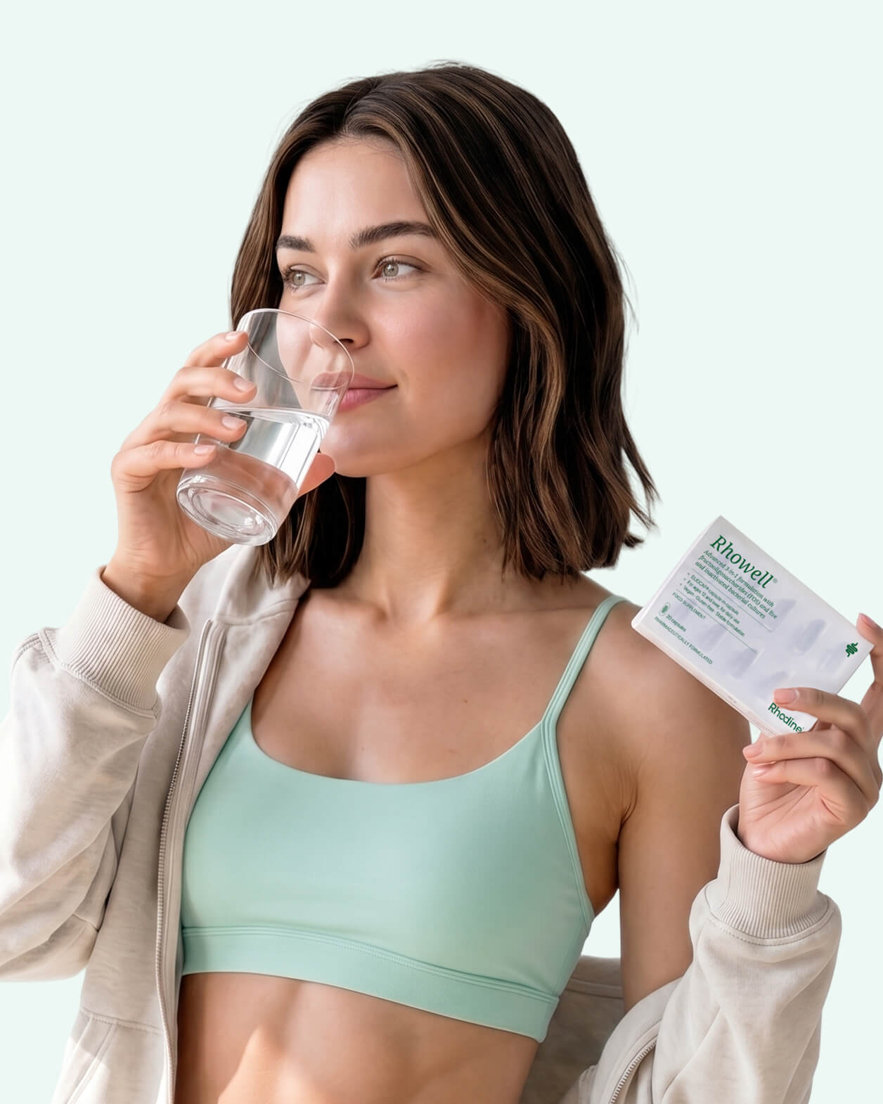 Woman drinking water with Rhowell